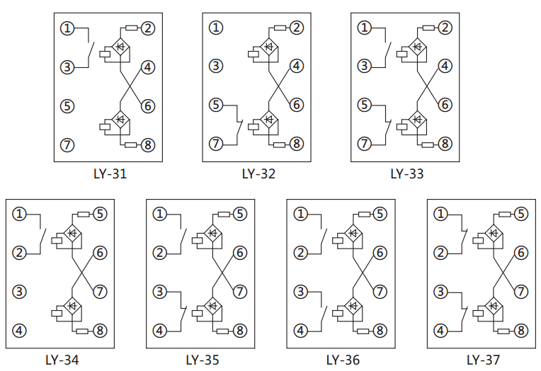LY-35電壓繼電器內(nèi)部接線及外引接線圖 LY-35電壓繼電器內(nèi)部接線及外引接線圖