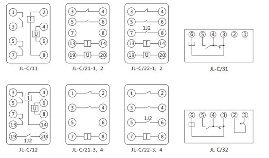 JL-C/21-3、4反時限電流繼電器內(nèi)部接線及外引接線圖（正視圖）