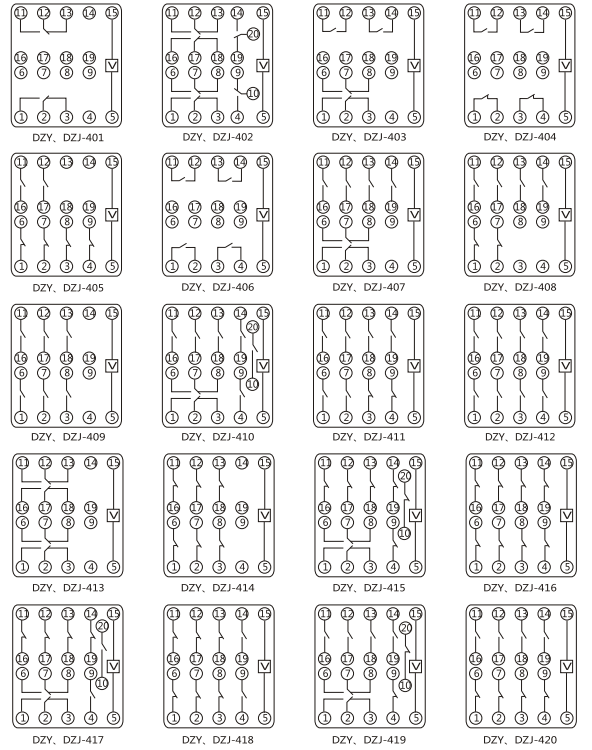 DZY（J)-414導軌式中間繼電器內部端子外引接線圖(正視)