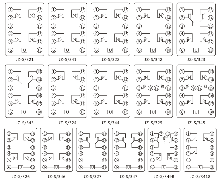 JZ-S/344靜態(tài)可調(diào)延時中間繼電器內(nèi)部接線圖及外引接線圖 JZ-S/344靜態(tài)可調(diào)延時中間繼電器內(nèi)部接線圖及外引接線圖